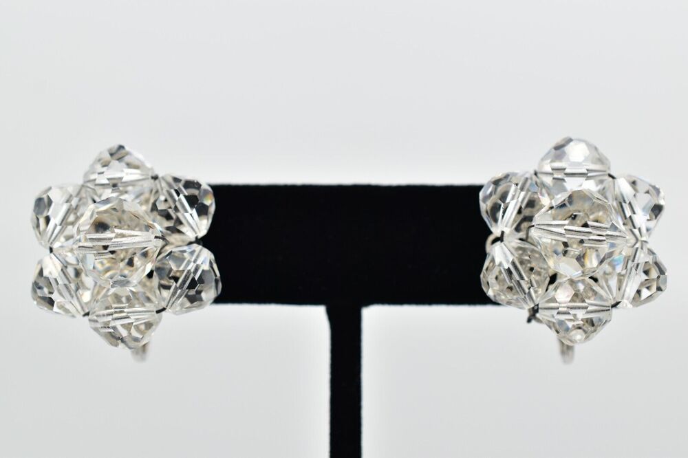 Vintage Clip On Clear Crystal Earrings Faceted Cluster Bridal Bling Ice 1950s 9F